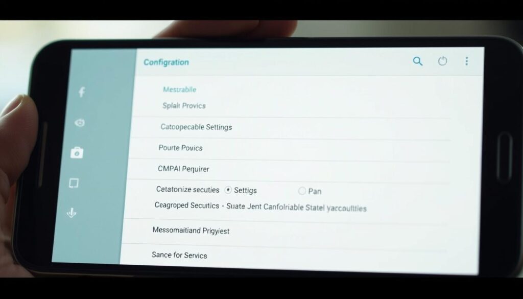 A close-up shot of an Android smartphone screen displaying the configuration settings of the OttPlayer app. The screen shows various customizable options and settings, with clear icons and intuitive user interface. The device is held in a hand, conveying a sense of interactivity and hands-on control. The background is blurred, keeping the focus on the app's settings. The lighting is soft and natural, creating a clean, modern aesthetic. The overall mood is one of simplicity, ease of use, and technological proficiency, reflecting the app's capabilities and the article's instructional intent.