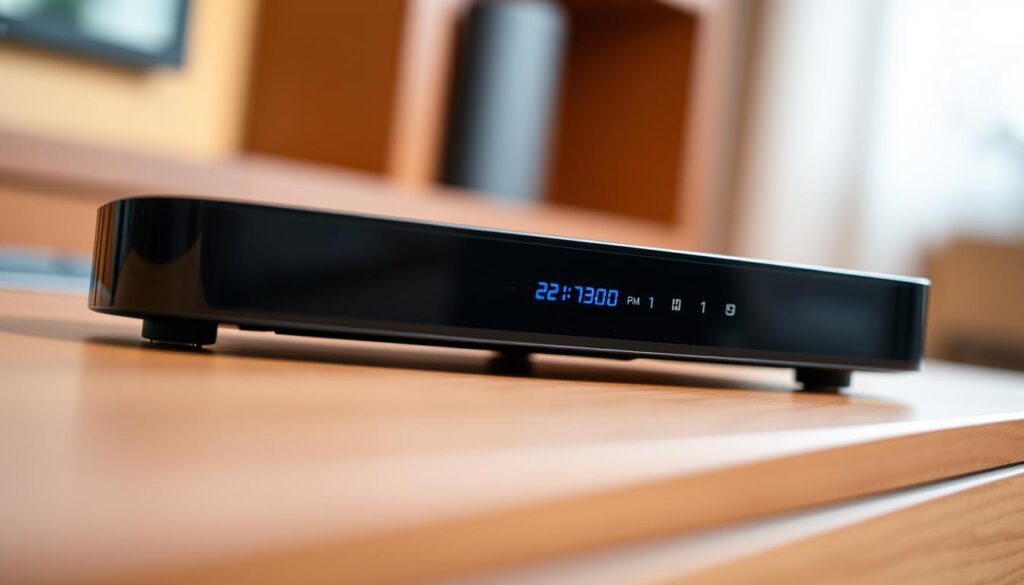 A close-up view of a sleek, modern-looking smart IPTV player device, showcasing its clean and minimalist design. The device has a glossy black or dark grey finish, with a slim and compact form factor. The front panel features a small LED display, touch-sensitive buttons, and discreet branding. The device is positioned on a neutral-colored surface, such as a wooden table or entertainment unit, against a slightly blurred, warm-toned backdrop, creating a sense of depth and focus on the product. Soft, directional lighting illuminates the device, highlighting its clean lines and premium appearance, conveying a sense of high-tech sophistication.