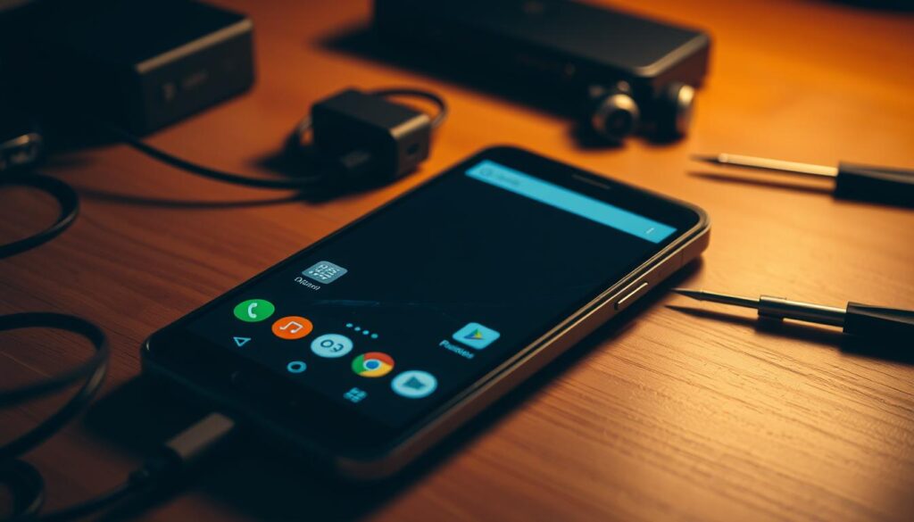 A close-up view of an Android smartphone on a wooden table, its screen illuminated and surrounded by various accessories including a charging cable, earbuds, and a small screwdriver set. The scene is bathed in soft, directional lighting that casts subtle shadows, creating a sense of depth and focus on the central device. The overall mood is one of preparation and attention to detail, conveying the care and consideration needed to set up an Android device for a specific task.