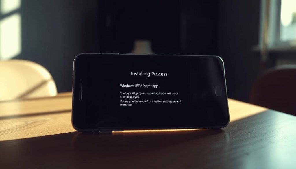 A dimly lit room, a smartphone prominently displayed on a wooden table. The screen shows the installation process of a Windows IPTV player app, its sleek user interface guiding the user through the setup. Soft, natural lighting illuminates the scene, casting subtle shadows that add depth and dimension. The smartphone's reflective surface creates an almost mirror-like effect, creating a sense of immersion and interactivity. The background is blurred, drawing the viewer's attention to the central device and the installation process unfolding on its screen.