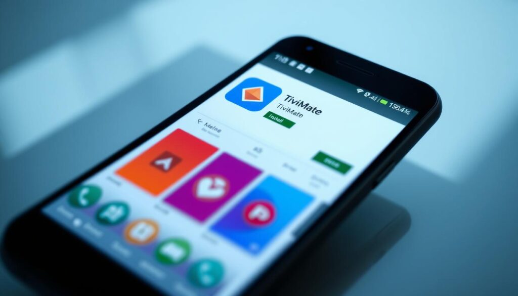 A high-quality, close-up render of a smartphone screen displaying the Google Play store interface, with the "TiviMate" app prominently featured and ready to be installed. The screen is well-lit, with a clean, modern aesthetic. The smartphone is positioned at a slight angle, casting subtle shadows that add depth and dimension to the image. The background is blurred, keeping the focus solely on the app installation process. The overall mood is one of simplicity, clarity, and ease of use, perfectly capturing the essence of the "How to install TiviMate on android/ smartphone" section.