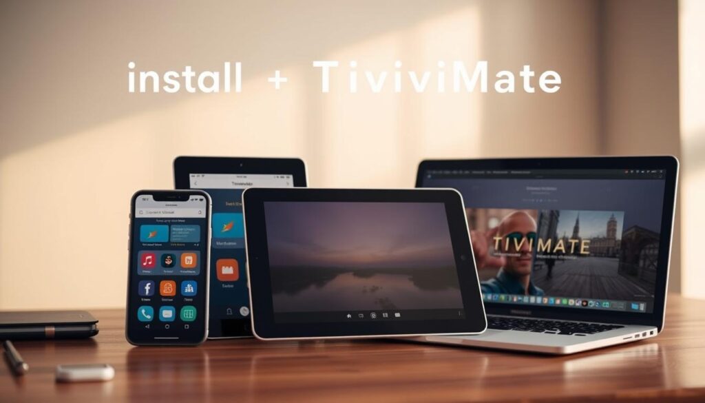 A neatly organized desktop with a smartphone, tablet, and laptop computer, arranged against a soft, blurred background. The devices display the TiviMate app interface, showcasing its user-friendly layout and key features. Warm, natural lighting illuminates the scene, creating a welcoming and informative atmosphere. The composition emphasizes the essentials needed to install and use TiviMate, inviting the viewer to explore the application's capabilities.