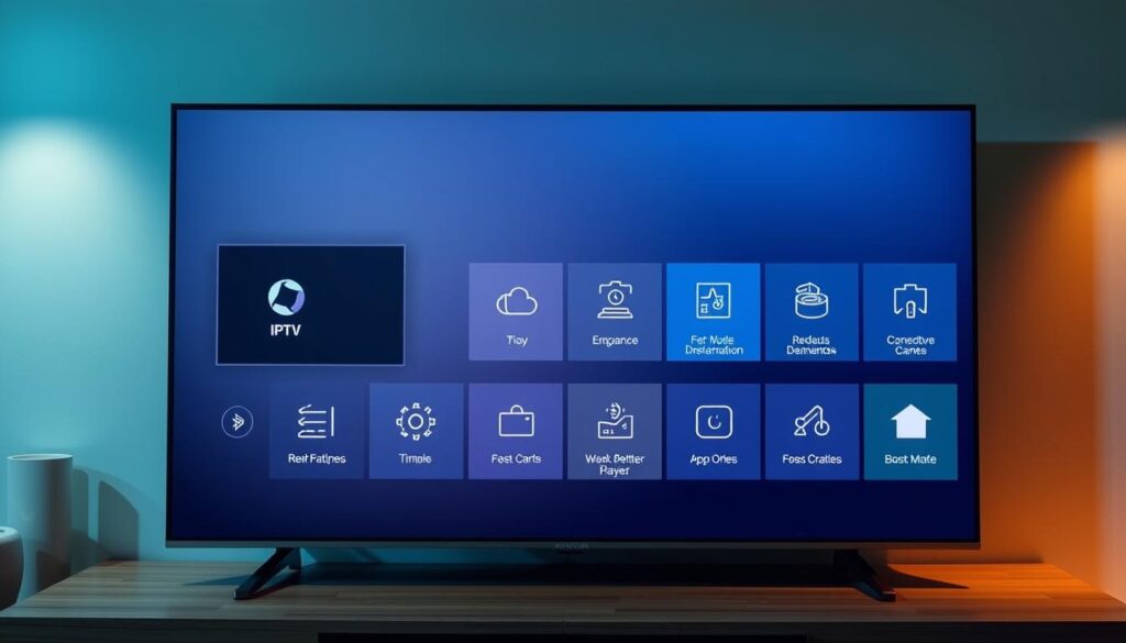 A sleek and modern IPTV Smarters Pro interface, showcasing its advanced functionalities. The screen is divided into a clean grid layout, with crisp icons and intuitive menus. The background features a subtle gradient, conveying a sense of depth and sophistication. Minimalist yet impactful design elements, such as clean typography and strategically placed shadows, highlight the key features. The overall impression is one of a powerful, user-friendly media player that seamlessly integrates with the latest smart home technologies. Soft, diffused lighting creates a warm, inviting atmosphere, drawing the viewer's attention to the app's robust capabilities.