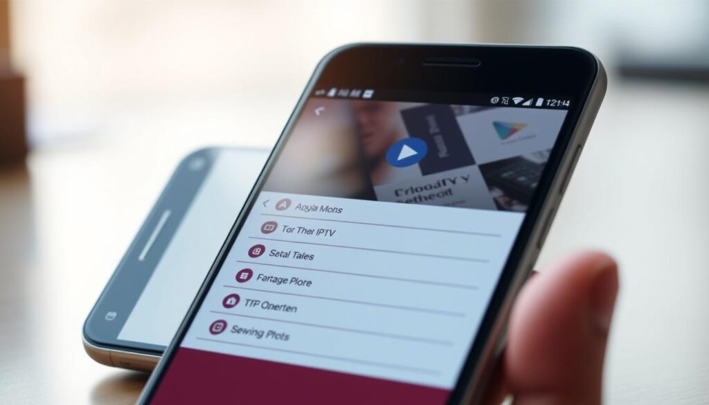 A sleek and modern android smartphone screen displaying the GSE Smart IPTV app interface. The screen is well-lit, with a soft, natural lighting that highlights the app's clean and intuitive design. The foreground showcases the app's main menu, featuring clearly labeled options and a simple, minimalist layout. The middle ground shows the smartphone's hardware, with a slim bezel and high-quality display. The background blurs gently, creating a sense of depth and focus on the app itself. The overall impression is one of a seamless, user-friendly installation process for the GSE Smart IPTV app on an android device.