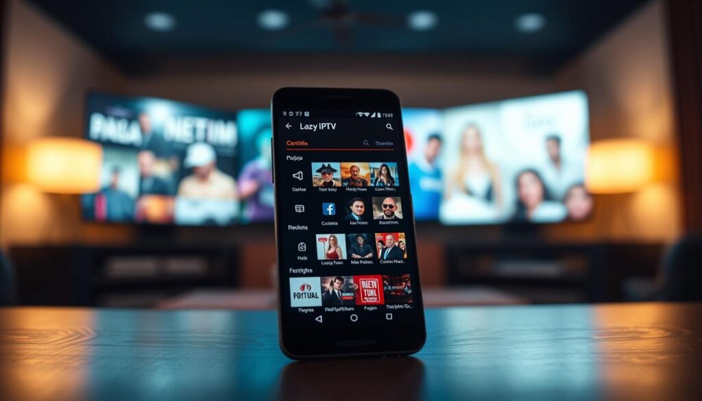 A sleek, minimalist android smartphone display showcasing the Lazy IPTV app interface. The foreground features the app's intuitive menu layout with clear icons and navigation options. The middle ground depicts a blurred background of various streaming content thumbnails, hinting at the app's extensive media library. The overall scene is bathed in a soft, warm lighting that creates a cozy, inviting atmosphere, emphasizing the user-friendly nature of the Lazy IPTV app on the android platform. The image conveys a sense of simplicity, accessibility and the ability to effortlessly access a wide range of IPTV content on a mobile device.