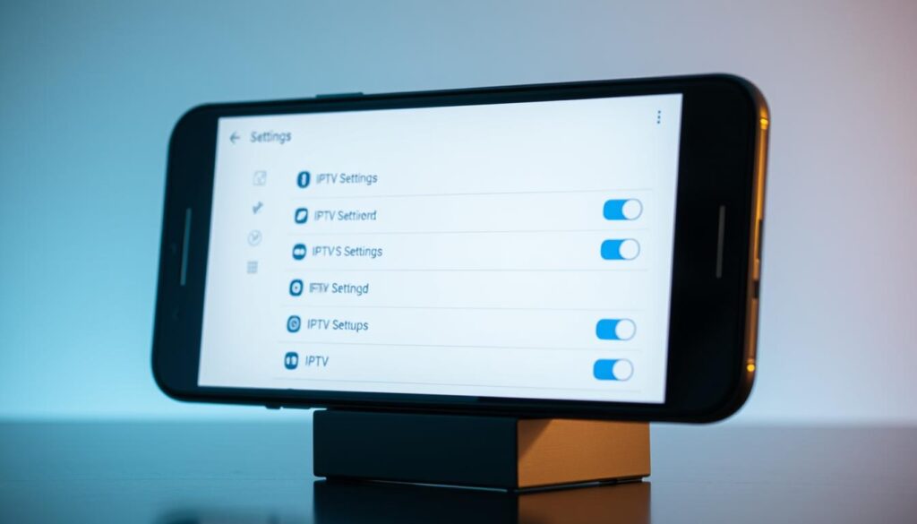 A sleek, modern Android smartphone display, showcasing the settings menu for IPTV configuration. The screen is well-lit, with a slightly warm color temperature, creating a professional and polished atmosphere. The menu interface is visually intuitive, with clear icons and text, allowing the user to easily navigate the IPTV setup options. The background is minimalist, with a subtle gradient or blurred effect, keeping the focus on the device's display. The camera angle is slightly elevated, providing a clear and unobstructed view of the screen, conveying a sense of authority and expertise. The overall composition is balanced and aesthetically pleasing, reflecting the instructional nature of the content.