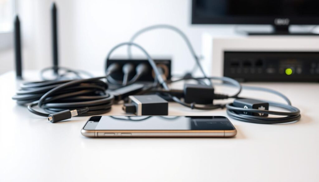 A sleek, modern Android smartphone or tablet resting on a clean, minimalist desk. The device is displayed prominently in the foreground, its screen illuminated with a soft, natural light. In the middle ground, various cables, adapters, and networking equipment are neatly arranged, hinting at the technical setup required for IPTV configuration. The background is blurred, conveying a sense of focus on the core task at hand. The overall mood is one of efficiency, professionalism, and a dedication to the technicalities of IPTV preparation.