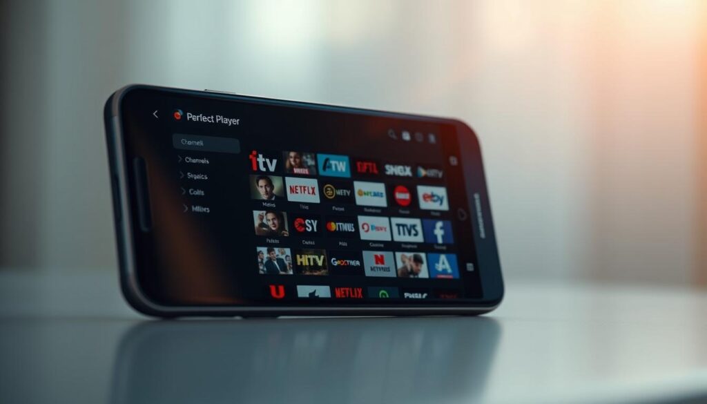 A sleek, modern Android smartphone screen displaying the elegant user interface of the Perfect Player IPTV app. The app's minimalist design showcases a grid of neatly organized streaming channels, with crisp, high-definition channel logos. The screen is bathed in a warm, natural lighting that creates a sense of sophistication and ease of use. The device is positioned at a slight angle, highlighting the app's intuitive navigation and seamless integration with the smartphone's operating system. The overall scene conveys the advantages of using Perfect Player - its visual appeal, user-friendly layout, and ability to provide a premium IPTV experience on the go.