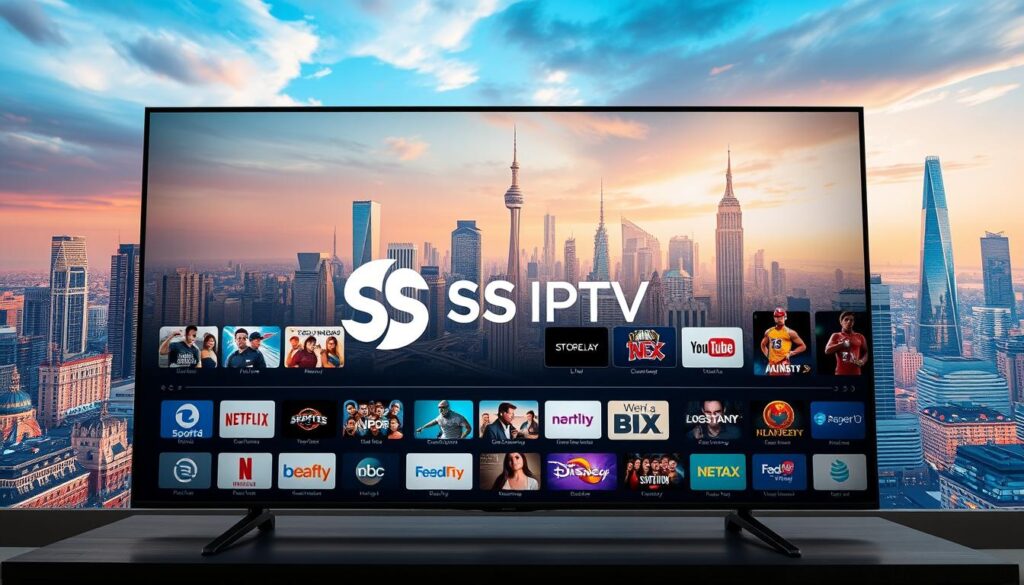A sleek, modern, and intuitive user interface showcasing the key features of SS IPTV on a high-resolution display. The foreground displays the SS IPTV logo prominently, surrounded by a collection of colorful, customizable app tiles representing various entertainment options such as live TV channels, on-demand movies, sports, and more. The middle ground features a clean, minimalist design with a focus on simplicity and ease of use, guiding the viewer through the intuitive navigation. The background depicts a vibrant, futuristic cityscape, conveying a sense of technological advancement and connectivity. The overall scene is illuminated by a warm, natural lighting that creates a welcoming and immersive atmosphere, highlighting the versatility and user-friendliness of the SS IPTV platform.