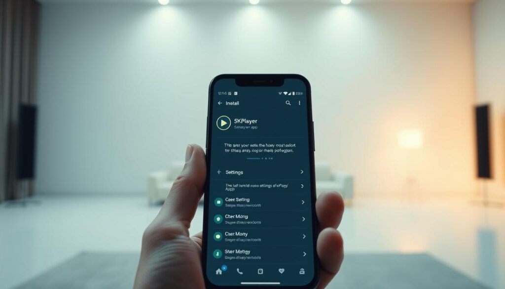 A sleek, modern android smartphone display showing the installation process of a 5KPlayer media app. The foreground features the phone screen with a minimalist user interface, highlighting the app's installation steps and settings. The middle ground showcases the phone in a comfortable hand grip, showcasing the device's seamless integration. The background depicts a clean, neutral environment with subtle lighting, emphasizing the focus on the technology. The overall scene conveys a sense of effortless functionality and user-friendly technology integration.