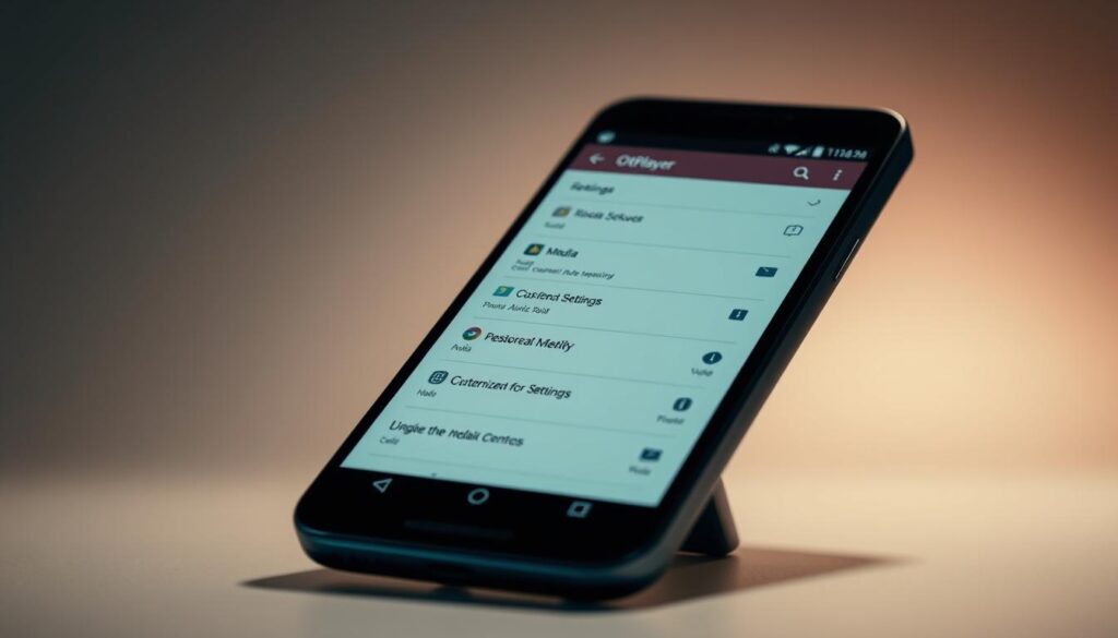 A sleek, modern android smartphone displaying the main features and settings of the OttPlayer media app. The foreground shows the OttPlayer interface with various customization options and media playback controls. The middle ground features a clean, minimalist UI design with bold typography and intuitive icons. The background has a subtle gradient or blurred effect, creating a sense of depth and focus on the device's screen. The overall mood is one of simplicity, functionality, and user-friendliness, reflecting the core capabilities of the OttPlayer application. Lighting is soft and directional, casting gentle shadows and highlights on the device's surface. The camera angle is slightly angled, providing an engaging perspective and emphasizing the smartphone's screen.