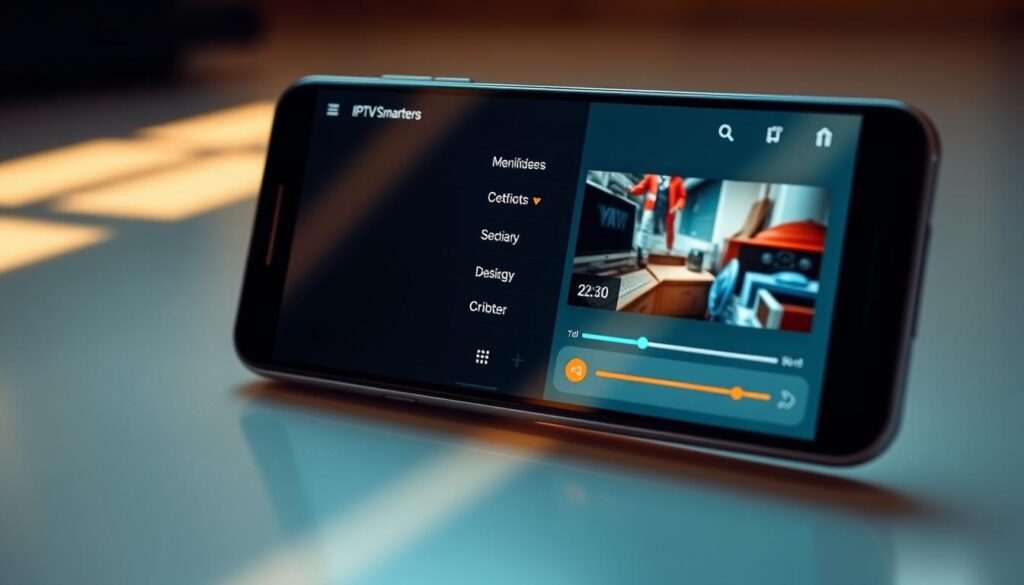 A sleek, modern android smartphone screen displaying the IPTV Smarters app interface. The screen is bathed in a warm, natural lighting, creating a soft, inviting atmosphere. The app's intuitive menu options and video player are prominently featured, showcasing its user-friendly design. The device is situated on a clean, minimalist surface, allowing the screen to be the focal point. The overall composition conveys the ease and convenience of installing and using the IPTV Smarters app on an android smartphone.