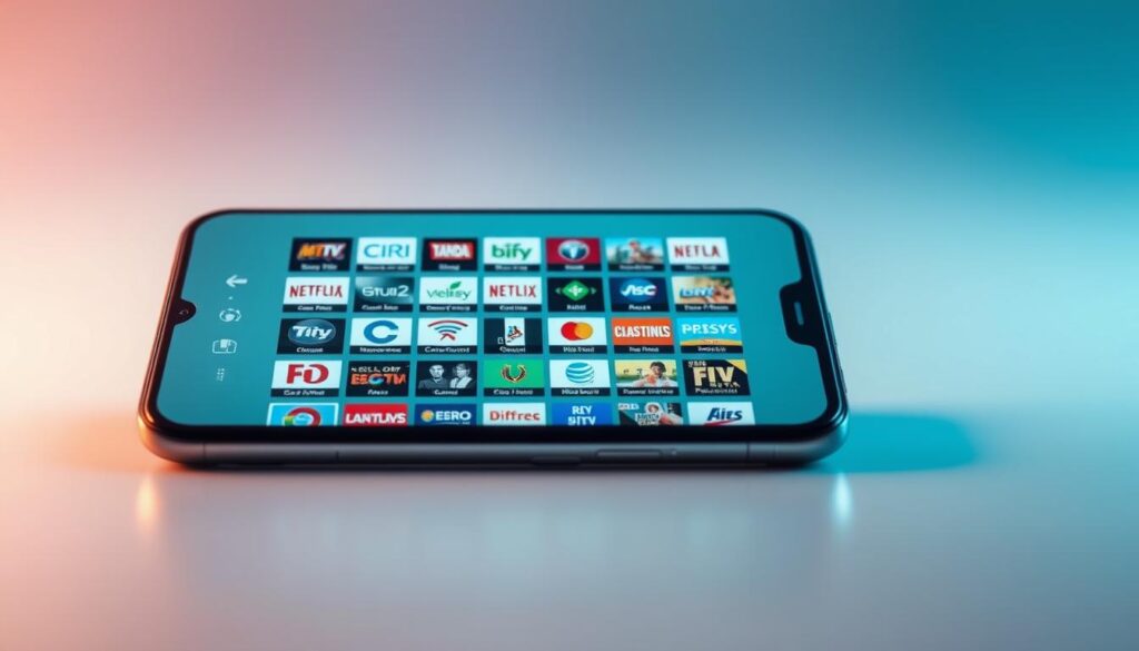 A sleek, modern open-source IPTV player interface displayed on a high-resolution smartphone screen. The app's intuitive design features a clean, minimalist layout with intuitive navigation controls. The screen showcases a grid of various live TV channel logos and thumbnails, allowing the user to easily browse and select their desired content. The overall aesthetic conveys a sense of professionalism and functionality, suitable for a powerful IPTV application. Soft, diffused lighting creates a warm, inviting atmosphere, while the smartphone's sophisticated metallic casing reflects the device's premium quality. The scene exudes a sense of technological sophistication and user-friendliness, perfectly capturing the essence of the IPTVnator app.