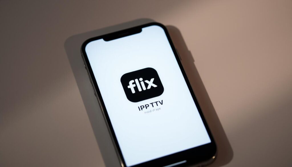 A sleek, modern smartphone screen displaying the Flix IPTV app icon, surrounded by a clean, minimalist interface with subtle design elements. The screen is illuminated by soft, directional lighting, casting subtle shadows and highlights that accentuate the app's branding and interface. The background is a muted, neutral tone that allows the smartphone screen to be the focal point, guiding the viewer's attention to the Flix IPTV app. The overall composition is balanced, with a sense of simplicity and elegance that reflects the intuitive nature of the app's installation process.