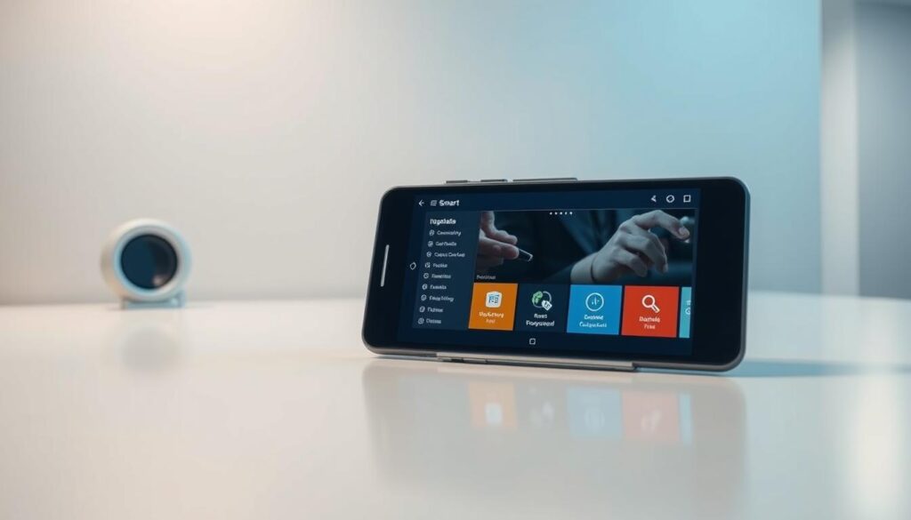 A sleek, modern workspace with a stylish Android smartphone or tablet prominently displayed on a minimalist desk. The device's screen showcases the Smart IPTV interface, its intuitive menu and control options visible. The background features clean, neutral tones, with subtle lighting accents highlighting the device's elegant design. The overall scene conveys a sense of technological sophistication and readiness for the installation process, reflecting the "Preparação para a instalação e requisitos do dispositivo" section of the article.