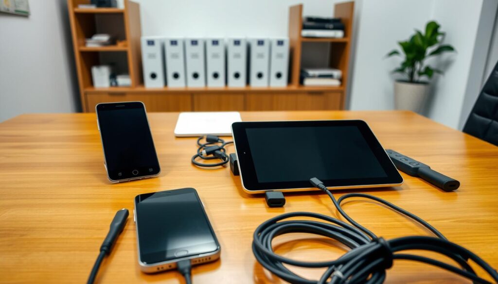 A well-lit office workspace with a smartphone, tablet, and various cables and adapters neatly arranged on a wooden desk. In the background, a bookshelf with technical manuals and a potted plant, suggesting a professional and organized setting. The scene conveys a sense of preparedness and attention to detail, suitable for illustrating the "Requisitos e preparativos para a instalação" section of the article on installing Perfect Player on an Android device.