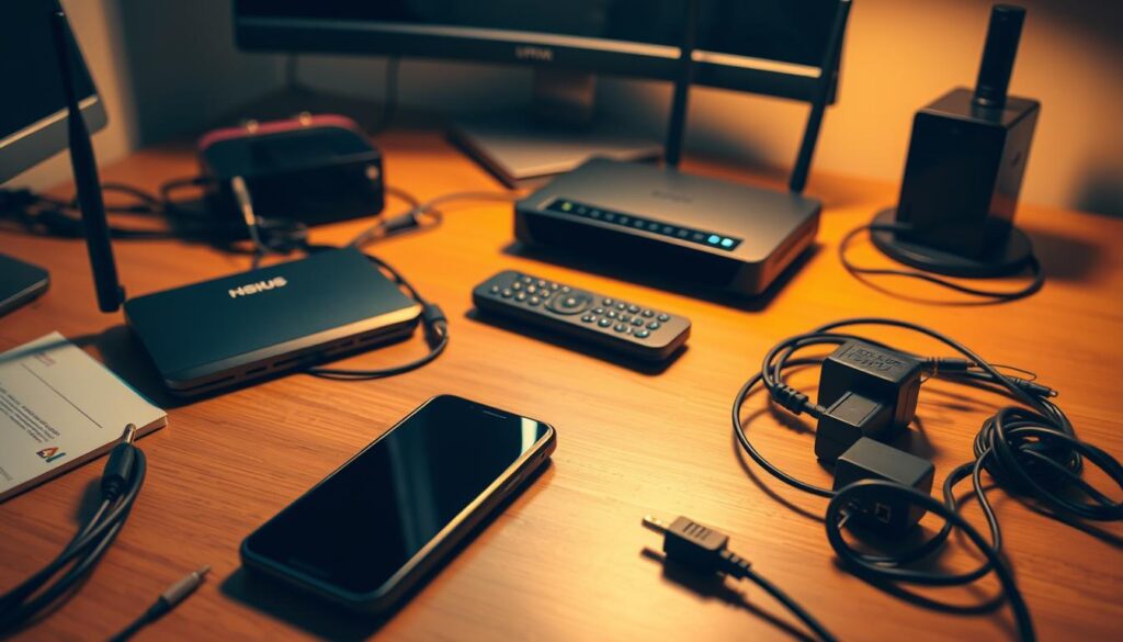 A well-organized office desk with a smartphone, remote control, and various networking equipment like router, ethernet cables, and power adapters. The desk is illuminated by warm, directional lighting, creating a focused and professional atmosphere. The layout and arrangement of the items suggest a methodical preparation for the installation of an IPTV service on the smartphone. The overall scene conveys a sense of anticipation and readiness for the upcoming task.