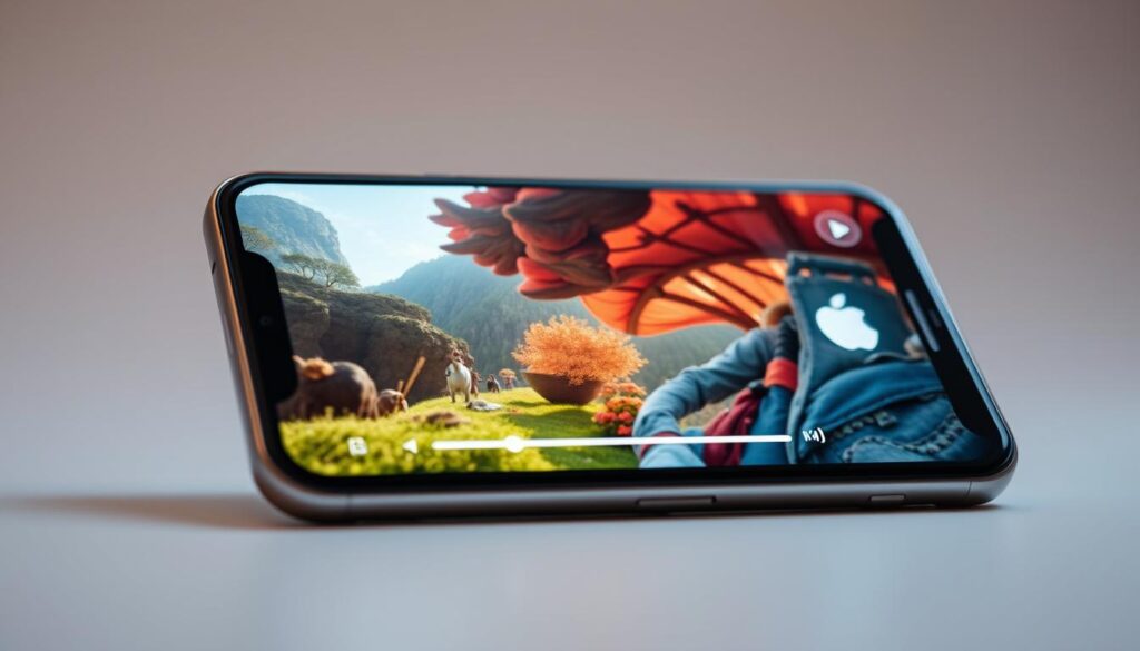 High definition video playback on a sleek, modern smartphone display. A vibrant, crystal-clear screen showcases a lush, cinematic video scene with rich colors and intricate details. Elegant, minimalist UI elements accentuate the immersive viewing experience, conveying the sophisticated functionality of the media player software. Soft, directional lighting casts a warm, inviting glow, creating a premium, high-end aesthetic. The smartphone is angled slightly, capturing the display at a flattering, eye-level perspective that highlights the video's impressive visual fidelity. An atmosphere of entertainment and technological sophistication permeates the scene.