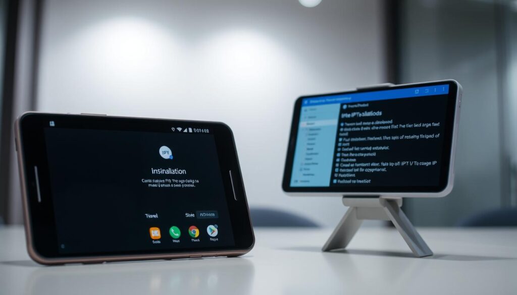 Instalação vs sideload do IPTV Extreme: a contrasting scene of two android devices showcasing the installation process. In the foreground, a sleek smartphone displays the IPTV Extreme app's installation screen, the UI elements crisp and vibrant. In the middle ground, a second device undergoing a sideload process, the screen displaying a detailed file explorer interface. The background features a blurred, minimalist office setting, providing a clean, professional atmosphere. Lighting is soft and diffused, highlighting the devices' screens without harsh shadows. The overall mood is one of technology, efficiency, and user-friendly application management.