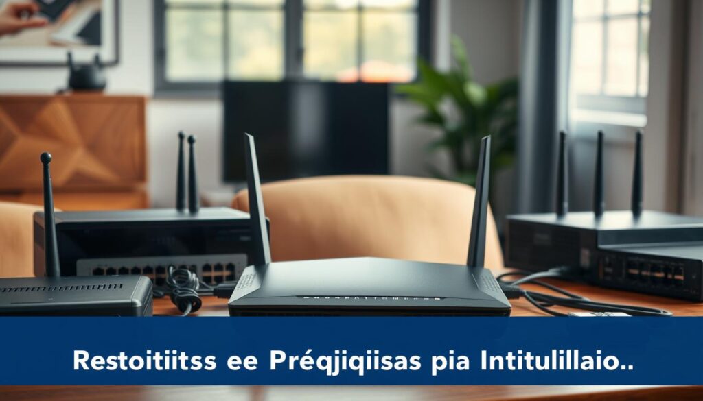 Stable, reliable internet connection with a strong Wi-Fi signal. A sleek, modern router positioned prominently on a wooden table, surrounded by various networking devices like modems and switches. The router's LED lights softly glowing, indicating a stable, uninterrupted connection. The scene is well-lit, with natural sunlight streaming through a nearby window, casting a warm, inviting glow. The background is slightly blurred, emphasizing the importance of the networking equipment in the foreground. The overall atmosphere conveys a sense of technological efficiency and dependability, suitable for illustrating the "Requisitos e Pré-requisitos para Instalação" section of the article.
