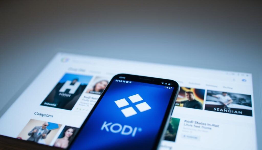 a sleek and modern installation of the Kodi media player on a Google Play Store interface, displayed on a smartphone screen. The foreground showcases the Kodi app icon prominently, with a clean and intuitive user interface design. The middle ground features the Google Play Store layout, with a search bar, categories, and app listings. The background has a subtle gradient or texture, creating a sense of depth and digital ambiance. The lighting is soft and evenly distributed, highlighting the screen's clarity and the app's visual appeal. The camera angle is slightly angled, providing a dynamic and engaging perspective. The overall mood is one of accessibility, functionality, and a seamless integration of technology.