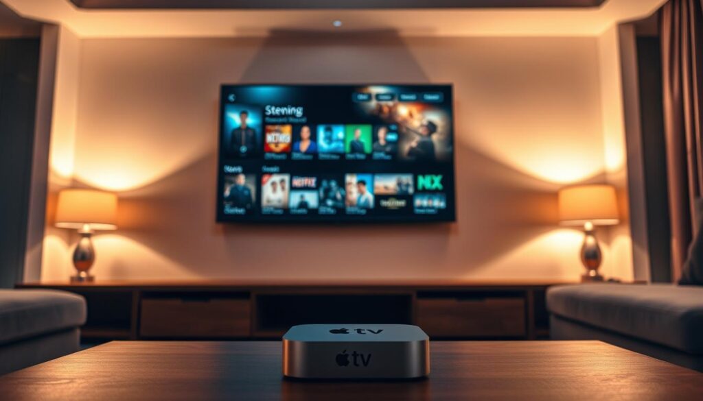 A beautifully lit living room scene, with a large flat-screen TV mounted on the wall. The TV displays a vivid, high-definition image of a streaming service interface, showcasing a variety of content options. The room is bathed in a warm, ambient glow, with soft lighting from table lamps and recessed ceiling fixtures. In the foreground, a modern, minimalist coffee table holds a sleek, silver Apple TV device, its LED indicator pulsing softly. The overall atmosphere is one of comfort, technology, and media immersion, perfectly capturing the essence of "espelhar/streaming via AirPlay para Apple TV".