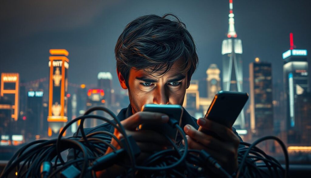A bustling city skyline, illuminated by the glow of neon lights, serves as the backdrop for a frustrated person staring intently at a smartphone. In the foreground, a tangled web of cables and devices symbolize the technical challenges of IPTV troubleshooting. The lighting is dramatic, with warm tones and sharp shadows, creating an atmosphere of problem-solving intensity. The composition emphasizes the central figure's pensive expression, conveying the determination to overcome the complexities of streaming IPTV on a mobile device. The overall scene reflects the challenges and frustrations associated with resolving common IPTV issues on iOS devices.