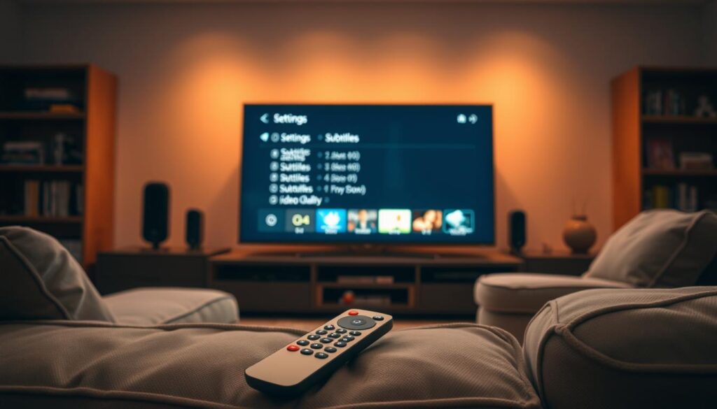 A cozy home theater setup, with a large flat-screen TV taking center stage. The screen displays a sleek, minimalist interface showcasing audio settings, subtitles, and video quality options. The lighting is warm and inviting, creating a comfortable atmosphere for media consumption. In the foreground, a clean, modern remote control lies on a plush, neutral-toned sofa, ready for the user to adjust the playback settings. The background features subtle, blurred-out bookshelves and decorative elements, suggesting a well-appointed living space. The overall scene conveys a sense of ease and control over the essential playback features, perfect for enhancing the viewing experience.