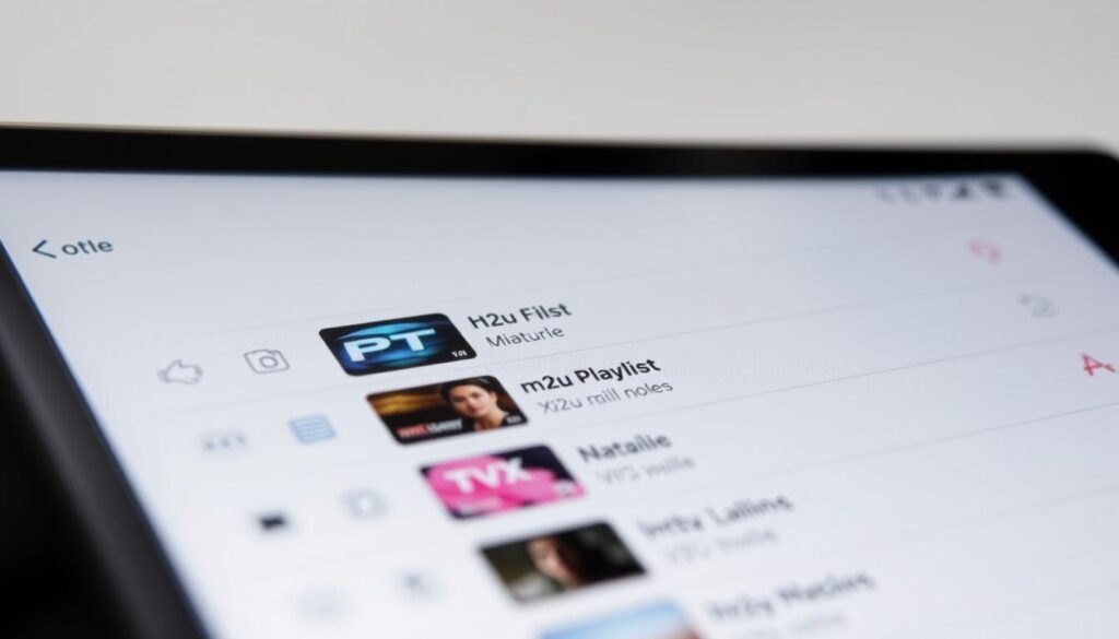 A detailed, close-up view of a mobile device screen displaying various m3u playlist files, with a clean and organized interface. The playlists are neatly arranged, with distinct categories and icons, reflecting the user-friendly nature of the GSE Smart IPTV app on iOS devices. The screen is well-lit, with a soft, neutral color palette that complements the sleek design of the device. The image should convey a sense of professionalism and attention to detail, highlighting the ease of configuring m3u, Xtream Codes, and EPG within the GSE Smart IPTV app on iPhone and iPad.