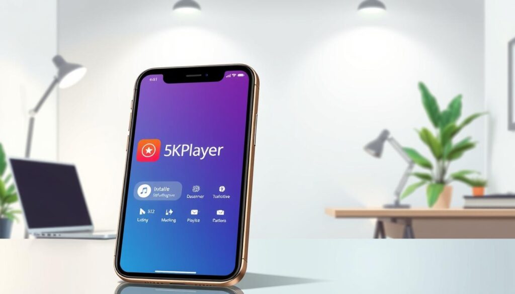 A detailed illustration of a smartphone screen displaying the 5KPlayer app interface, set against a modern, well-lit interior scene. The smartphone is positioned prominently in the foreground, angled slightly to showcase the app's clean, intuitive design. The background features a minimalist desk setup with a laptop, potted plant, and other office accessories, creating a professional, productive atmosphere. Soft, diffused lighting from overhead sources illuminates the scene, casting subtle shadows and highlights that add depth and texture. The overall composition conveys the ease and convenience of installing and using the 5KPlayer app on iOS devices.