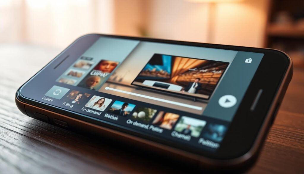 A detailed view of an iPhone screen showcasing the key features of an IPTV application. The foreground displays a sleek, modern interface with intuitive controls and customizable layouts. The middle ground highlights crisp, high-definition video playback, with smooth transitions between channels and on-demand content. The background subtly suggests a minimalist home or office setting, creating a sense of relaxed, immersive entertainment. Warm, natural lighting casts a soft glow, while the camera angle provides an engaging, user-centric perspective. The overall scene conveys the seamless integration of IPTV technology into the iPhone, empowering users to elevate their streaming experience.