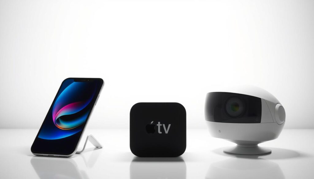 A harmonious arrangement of Apple devices, including an iPhone, iPad, Apple TV, and Apple Vision, showcasing their seamless compatibility. The foreground features the devices arranged in an elegant, symmetrical composition, with a soft, ambient lighting that highlights their sleek designs. The middle ground depicts a minimalist, white background that allows the devices to take center stage. The background subtly suggests a modern, technologically-advanced setting, hinting at the interconnectivity and versatility of the Apple ecosystem. The overall mood is one of streamlined efficiency, emphasizing the ease of use and integration that Apple products are known for.