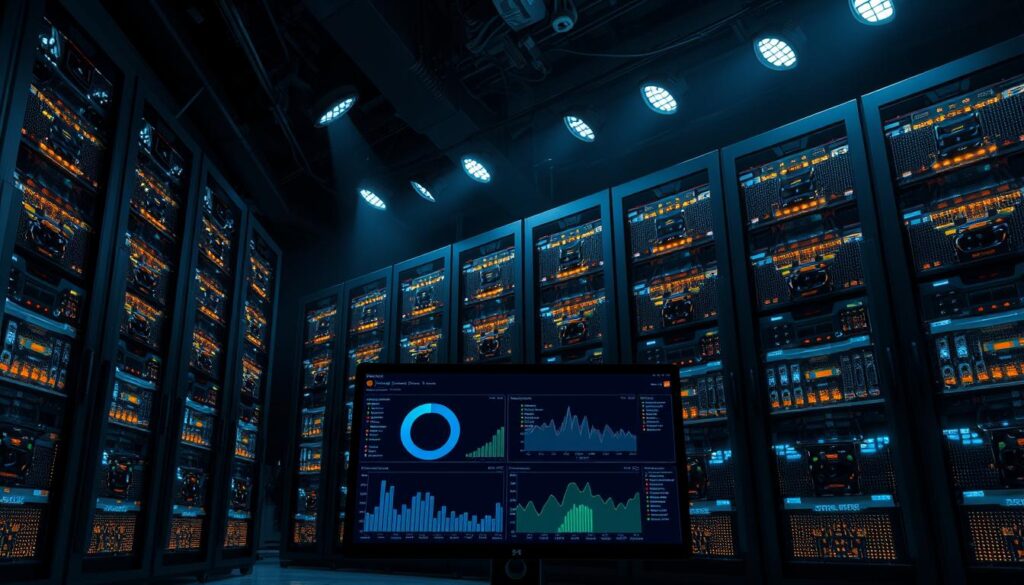 A high-performance server rack stands in a dimly lit data center, its rows of blinking lights and cooling fans creating a hypnotic, technological ambiance. Overhead, powerful spotlights cast dramatic shadows, emphasizing the sleek, angular design of the hardware. The scene conveys a sense of efficiency, reliability, and the steady, uninterrupted flow of digital information. In the foreground, a desktop computer monitor displays a real-time performance analysis, with graphs and charts highlighting key metrics like bandwidth, latency, and cache utilization. The overall impression is one of a well-oiled, high-performance system, ready to deliver a seamless streaming experience.