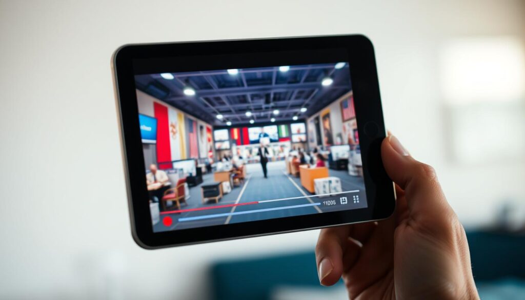 A high-quality, 4K video feed displayed on an iPhone or iPad screen, showcasing a vibrant and vivid streaming experience. The device is held in a natural, hand-held position, capturing the screen in a slightly angled perspective. The video content features rich colors, sharp details, and smooth playback, with no visible pixelation or compression artifacts. The lighting is soft and evenly distributed, creating a warm, inviting atmosphere. The background is blurred, allowing the screen to be the focal point, emphasizing the quality and stability of the streaming experience.