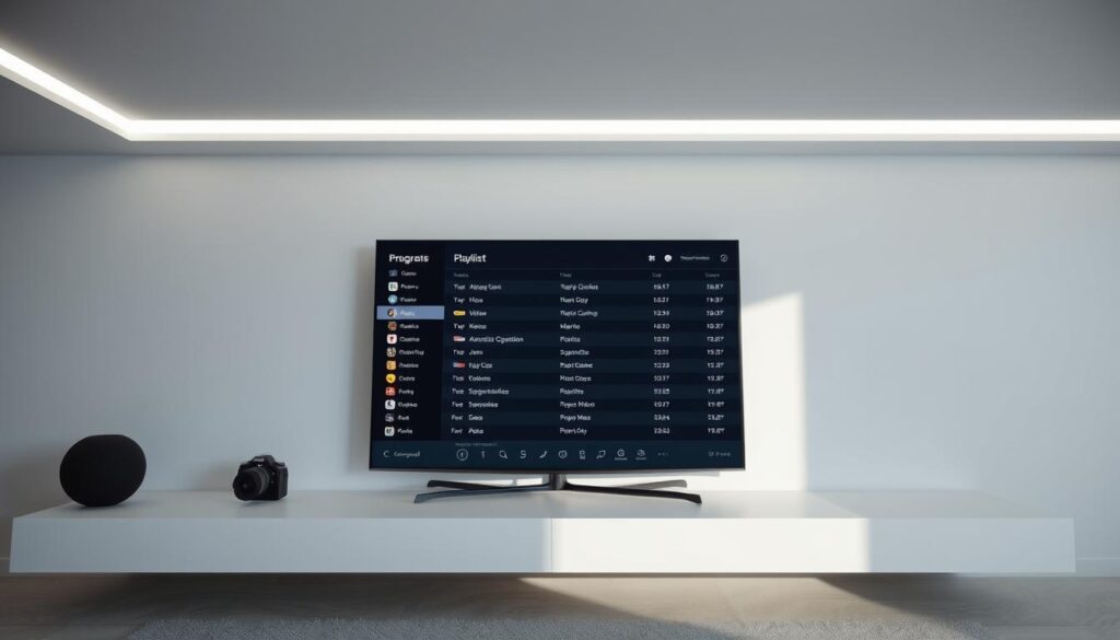 A high-quality, sleek electronic program guide (EPG) displayed on a modern, minimalist playlist interface. The EPG shows a clean grid layout with channel names, program titles, and detailed scheduling information. The playlist interface features a dark, neutral color scheme with clear, legible typography and intuitive controls. Soft, indirect lighting creates a calm, professional atmosphere, while the camera angle provides a clear, unobstructed view of the display. The overall aesthetic is polished, user-friendly, and reflects the sophisticated functionality of the Perfect Player media software.