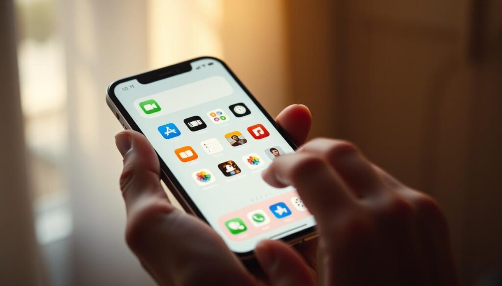 A modern and minimalist mobile device interface, displaying a crisp, high-resolution iOS home screen with a grid of app icons neatly arranged. The screen is bathed in a soft, warm glow of natural lighting, creating a cozy and inviting atmosphere. The device is held in a user's hand, their fingers gently interacting with the touchscreen, navigating through the smooth and responsive interface. The overall scene conveys a sense of seamless, intuitive user experience and delight in using the device.