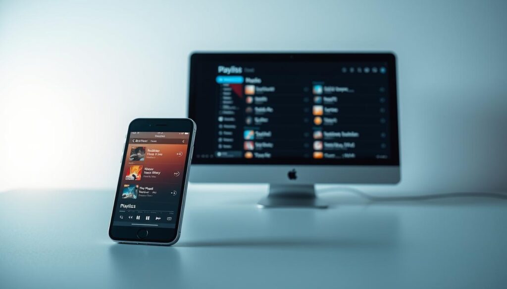 A modern, minimalist scene of synchronized playlists between an iOS device and a desktop computer. In the foreground, a sleek iPhone or iPad displays a music library interface, the screen reflecting the warm glow of the device's display. In the middle ground, a stylish desktop computer sits, its monitor showing a complementary playlist management app. The background is clean and uncluttered, with subtle gradients or textures creating a sense of depth and balance. The lighting is soft and diffused, creating a calm, focused atmosphere that emphasizes the seamless integration of the digital media experience across devices. The composition should convey the ease and convenience of synchronizing playlists between iOS and a desktop platform like IPTVnator.