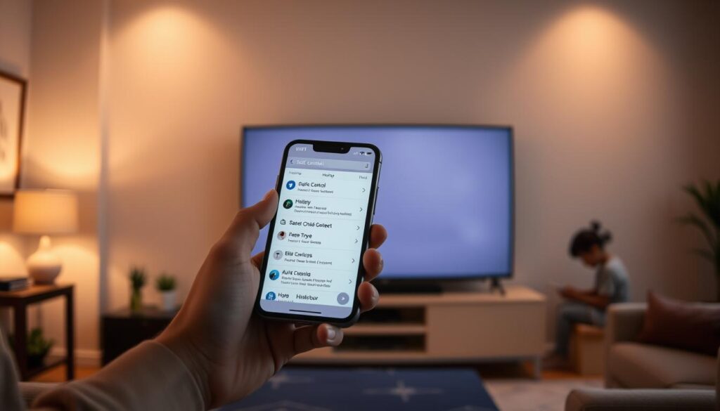 A serene living room with a large, flat-screen TV taking center stage. In the foreground, a parent's hand gently holds a smartphone, navigating through parental control settings to ensure safe and appropriate content for their child. The room is bathed in warm, indirect lighting, creating a cozy and inviting atmosphere. In the background, a subtle silhouette of a child playing or studying, their safety and well-being the focus of the scene. The prompt aims to capture the essence of parental responsibility and the importance of digital safeguards in the modern, connected household.