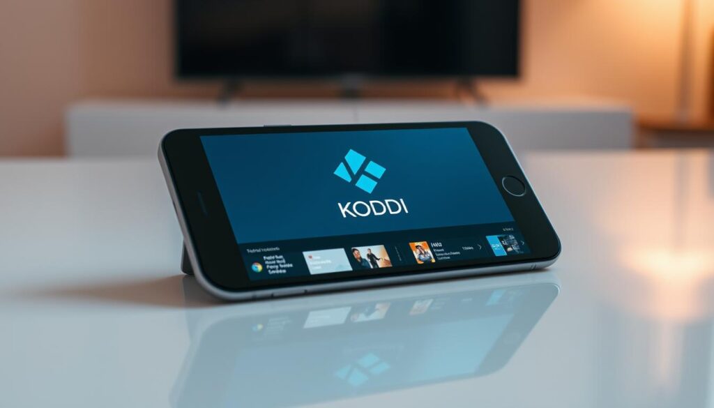 A sleek and minimalist interface of the Kodi media player app running on an iOS device, such as an iPhone or iPad. The device is placed on a clean, modern surface, with a subtle reflection visible below. The screen displays the Kodi home screen, showcasing its intuitive layout and various media content options. The device is illuminated by soft, diffused lighting, creating a warm and inviting atmosphere. The composition emphasizes the seamless integration of Kodi with the iOS platform, highlighting the app's user-friendly design and the smooth user experience it provides.