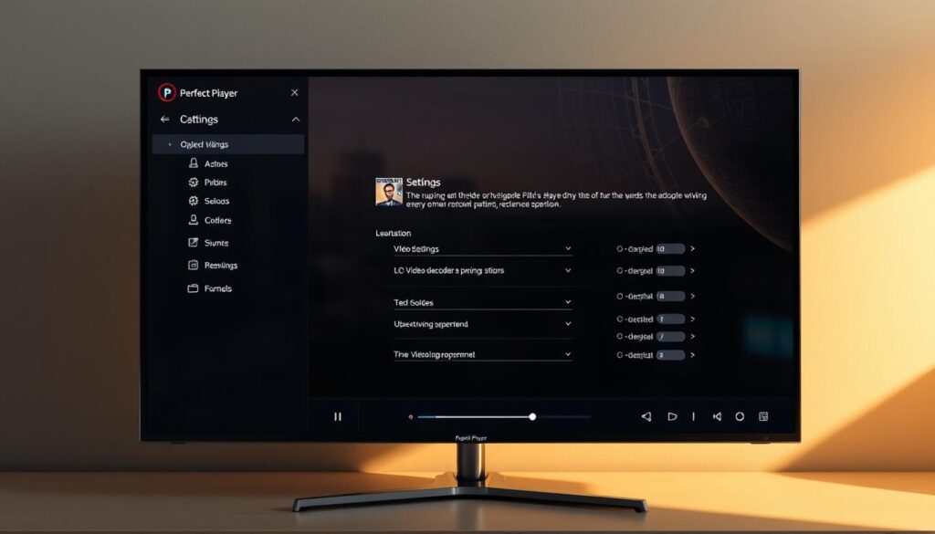 A sleek and modern media player interface, showcasing the Perfect Player software on a high-resolution display. The foreground features the player controls and intuitive navigation menus, with crisp icons and a clean, uncluttered layout. The middle ground highlights detailed settings for optimizing playback, including video decoder options, adjustable buffer sizes, and fine-tuned viewing experience controls. The background depicts a subtle, blurred cityscape or abstract digital pattern, conveying a sense of technological sophistication. The overall scene is bathed in warm, diffused lighting, creating a polished and professional aesthetic.