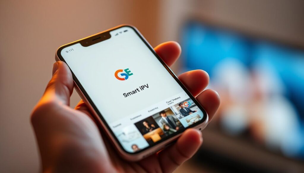 A sleek and modern smartphone display, showing the user interface of the GSE Smart IPTV app. The app's logo and branding elements are prominently featured, conveying a sense of professionalism and sophistication. The screen shows a clean, intuitive layout with various menu options and content categories, hinting at the app's robust capabilities. The device is held in a hand, suggesting ease of use and accessibility. The scene is lit by a soft, indirect light, creating a warm and inviting atmosphere. The overall composition emphasizes the app's user-friendly design and its potential to deliver a seamless IPTV experience on iOS devices.