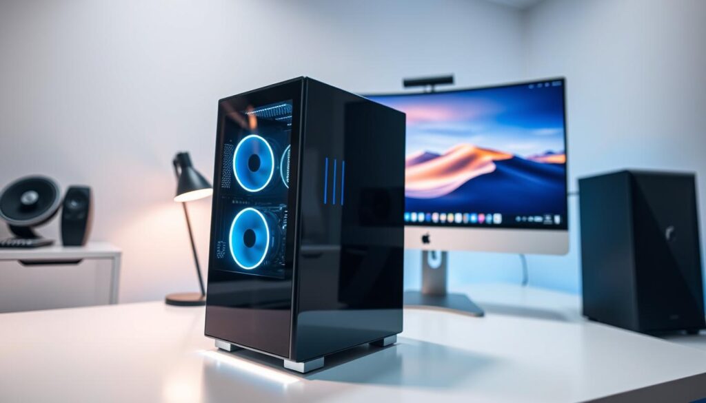 A sleek, high-performance desktop computer setup, with a modern, minimalist design. The foreground features the computer tower, gently illuminated from within, with a glossy, reflective surface that captures the surrounding environment. The middle ground showcases a high-resolution, ultra-wide curved monitor, its display showing a visually stunning desktop interface. In the background, a clean, uncluttered workspace with subtle ambient lighting, creating a calm and productive atmosphere. The overall scene conveys a sense of technological sophistication, power, and efficiency, perfectly suited to illustrate the "Performance and Troubleshooting" section of the article.