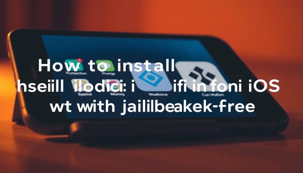 A sleek iOS device, an iPhone or iPad, prominently displayed in the foreground, its screen showing the Kodi media player interface. The device is bathed in warm, soft lighting, creating a cozy, inviting atmosphere. In the middle ground, various iOS app icons and a simple, minimal UI layout, suggesting the process of sideloading Kodi onto the device without jailbreaking. The background is blurred, with subtle gradients and shadows that add depth and focus to the central device and UI elements. The overall composition conveys the ease and accessibility of installing Kodi on iOS devices, reflecting the section title's emphasis on a straightforward, jailbreak-free approach.