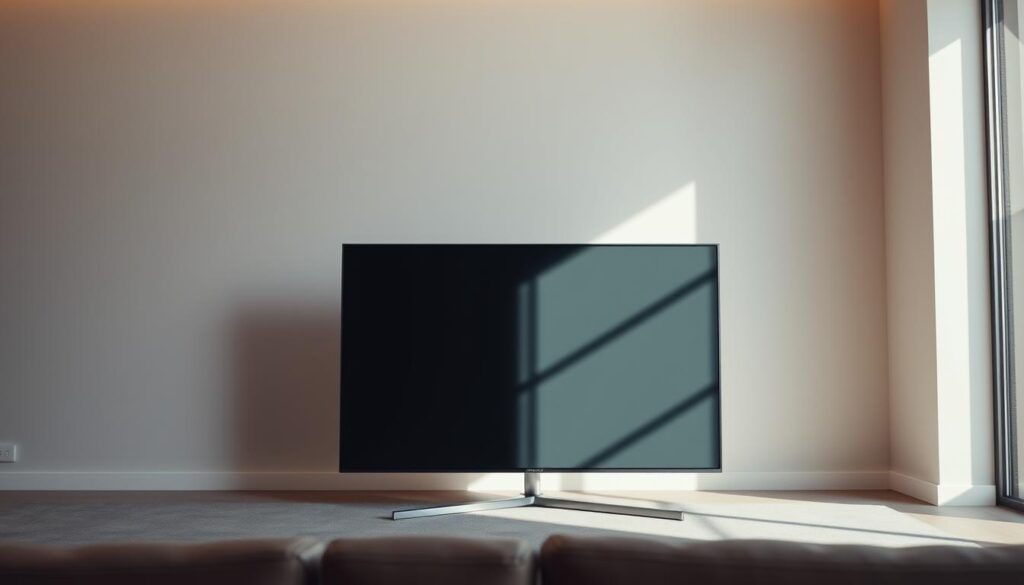 A sleek, modern Samsung smart television in a well-lit, minimalist living room setting. The television is displayed prominently in the center of the frame, with a clean, simple design and a large, high-resolution screen. The background features neutral-toned walls and subtle, indirect lighting, creating a warm and inviting atmosphere. The television is positioned at an angle, showcasing its slim profile and elegant aesthetics. The overall composition highlights the television's advanced features and integration with a smart home ecosystem, reflecting the section's focus on utilizing Flix IPTV on various smart devices.