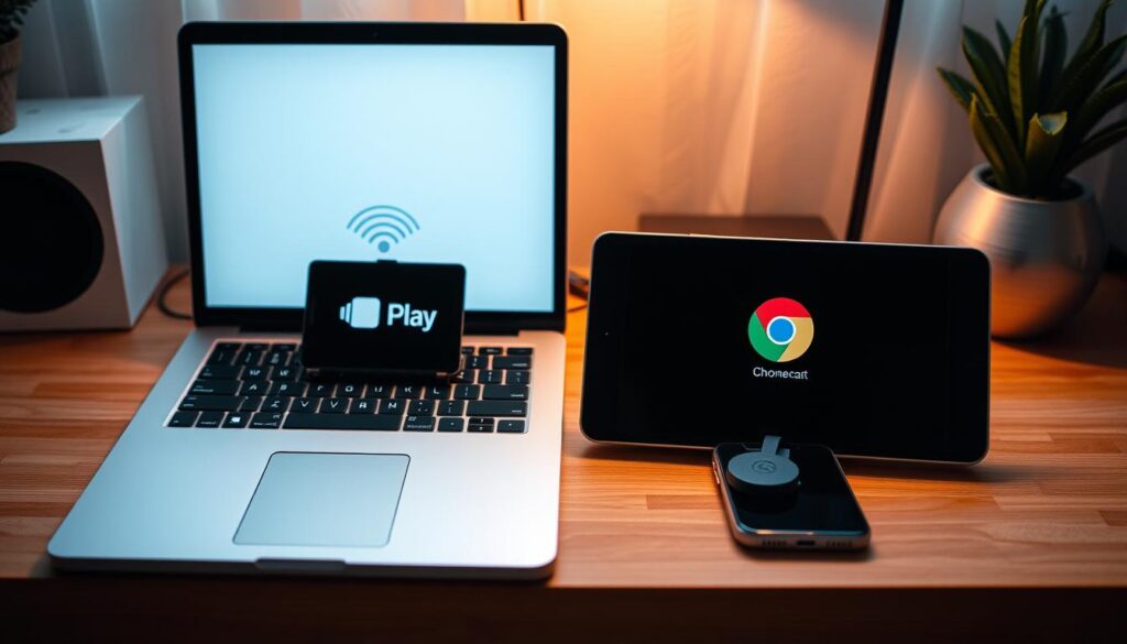 A sleek, modern desktop setup with a laptop, tablet, and smartphone prominently displayed. The devices are connected via AirPlay and Chromecast icons, symbolizing the advanced functionalities available. The scene is bathed in warm, soft lighting, creating a cozy and inviting atmosphere. The arrangement suggests effortless integration and seamless content sharing across multiple devices. The focus is on the interconnectivity and user-friendly experience, reflecting the "advanced features" theme of the article section.