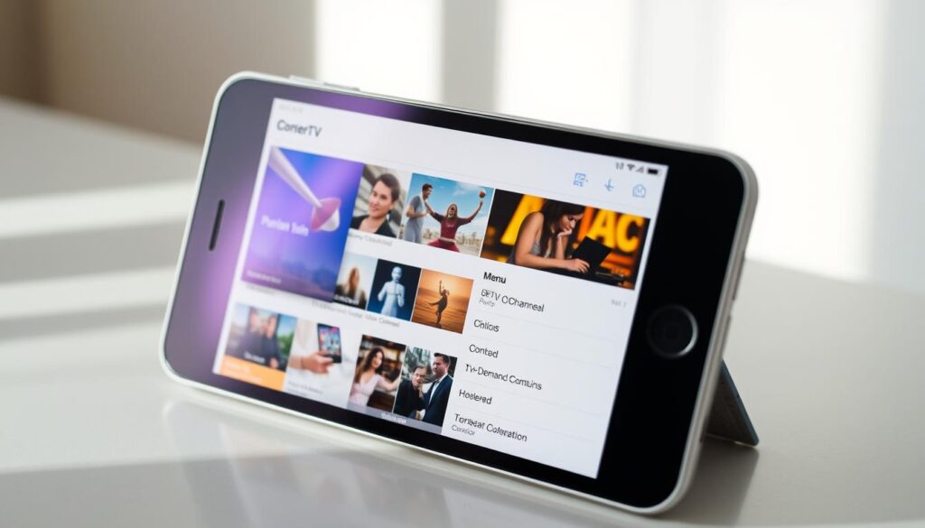 A sleek, modern iOS device screen displaying the GSE Smart IPTV app interface. The app's intuitive menu and content navigation system takes center stage, showcasing the app's user-friendly design. The interface is crisp, with bold typography and vibrant, high-quality imagery of various TV channels and on-demand content. Soft, natural lighting illuminates the screen, creating a clean, inviting atmosphere. The device is positioned at a slight angle, hinting at the seamless user experience. The overall composition emphasizes the app's utility and appeal for iOS users seeking a versatile IPTV solution.