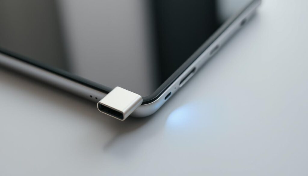 A sleek, modern side-loading connection on a smartphone or tablet device. A metallic, USB-C port protrudes from the side of the device, with a subtle glow emanating from within. The port is set against a matte, minimalist body in a neutral color, creating a clean, sophisticated aesthetic. The lighting is soft and diffused, casting gentle shadows that highlight the subtle contours of the device. The camera angle is positioned to showcase the side-loading port prominently, emphasizing its function and accessibility. The overall mood is one of technological simplicity and elegant functionality, befitting a workaround solution for sideloading applications on iOS devices.