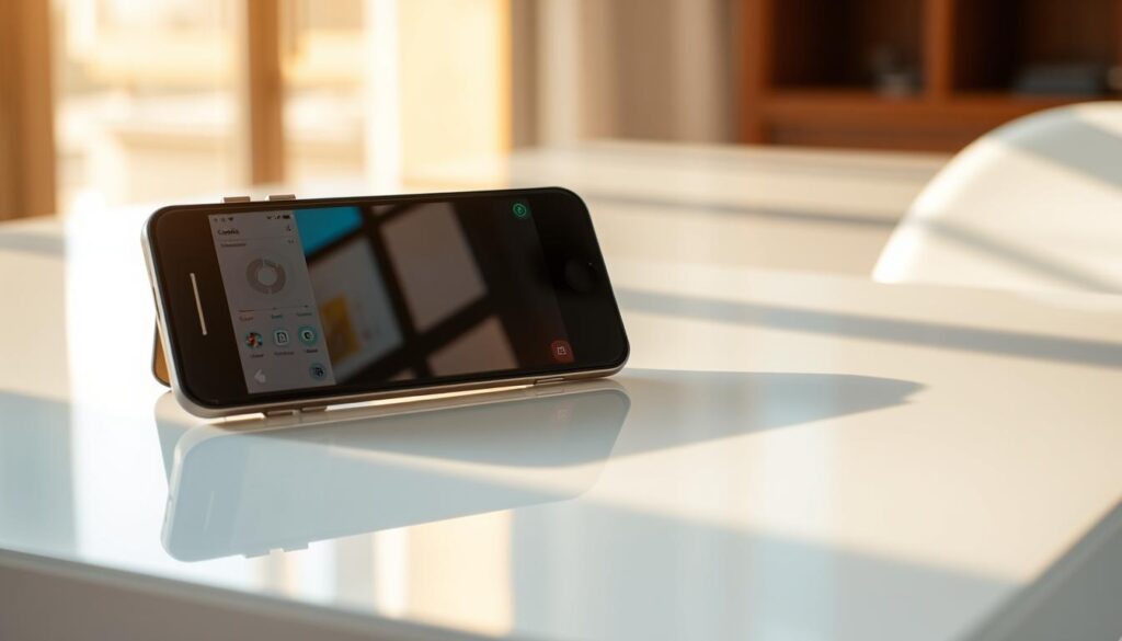 A smartphone screen prominently displayed, casting a bright, crisp reflection onto a sleek, modern table surface. The reflection shows a mirrored display, capturing the user interface and content of the mobile device. The scene is bathed in warm, natural lighting, creating a soft, inviting atmosphere. The table and surroundings are minimalist, allowing the screen mirroring to be the focal point. The overall composition emphasizes the seamless integration of technology, evoking a sense of effortless connectivity and productivity.