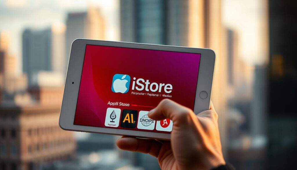 A vibrant, high-resolution image of a sleek, modern Apple App Store interface displayed on the screen of a silver iPhone or iPad. The storefront features a clean, minimalist design with crisp, high-contrast icons, smooth gradients, and a soft, diffused lighting that creates a sense of depth and atmosphere. The screen is surrounded by a slender device bezel, and the device is held in the hands of a person in the foreground, slightly out of focus, to draw the viewer's attention to the App Store interface. The background is a blurred, out-of-focus cityscape, hinting at the wider digital ecosystem the App Store inhabits. The overall mood is one of sophistication, simplicity, and technological elegance.