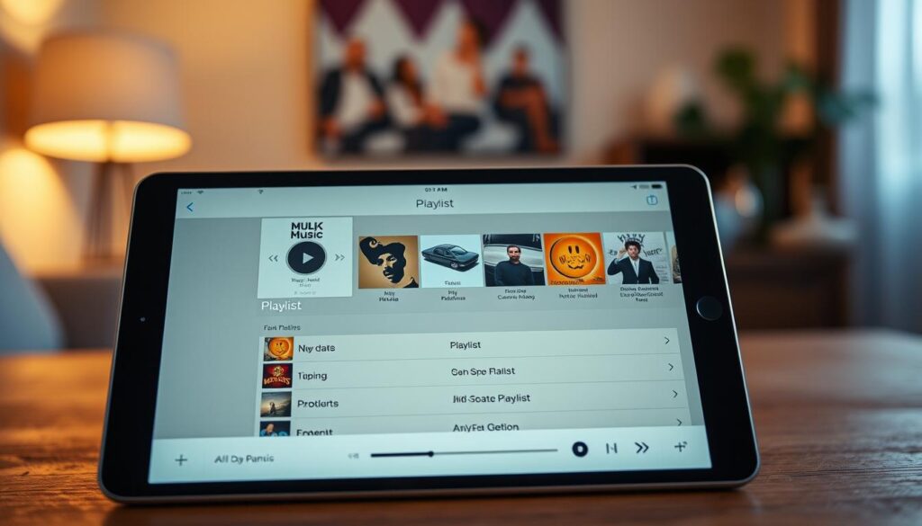A well-organized music playlist, displayed on a modern digital device such as a tablet or smartphone. The foreground features the playlist interface with a clean, minimalist design, showcasing album artwork, song titles, and playback controls. The middle ground includes a blurred, out-of-focus background, hinting at a cozy, ambient living room setting, with warm lighting and soft textures. The overall atmosphere is one of relaxation and focus, inviting the viewer to immerse themselves in the music and experience the comfort of a personalized, curated playlist. The image should convey a sense of harmony, control, and a thoughtful, personalized music listening experience.